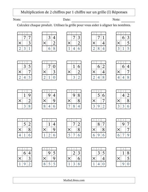 Multiplication de 2 chiffres par 1 chiffre avec l'aide d'une grille avec retenue (I) page 2