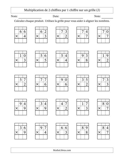 Multiplication de 2 chiffres par 1 chiffre avec l'aide d'une grille avec retenue (J)