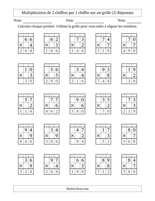 Multiplication de 2 chiffres par 1 chiffre avec l'aide d'une grille avec retenue (J) page 2