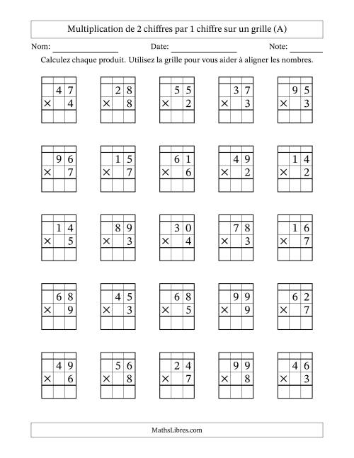 Multiplication de 2 chiffres par 1 chiffre avec l'aide d'une grille avec retenue (Tout)