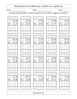 Multiplication de 2 chiffres par 2 chiffres avec l'aide d'une grille avec retenue