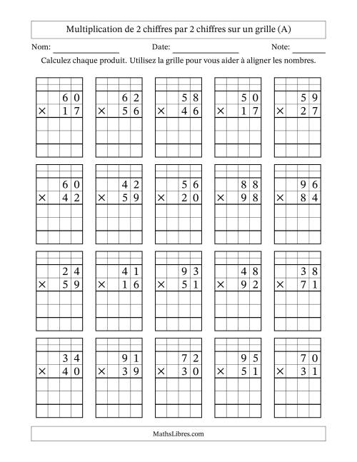 Multiplication de 2 chiffres par 2 chiffres avec l'aide d'une grille avec retenue (A)