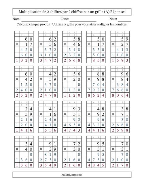 Multiplication de 2 chiffres par 2 chiffres avec l'aide d'une grille avec retenue (A) page 2