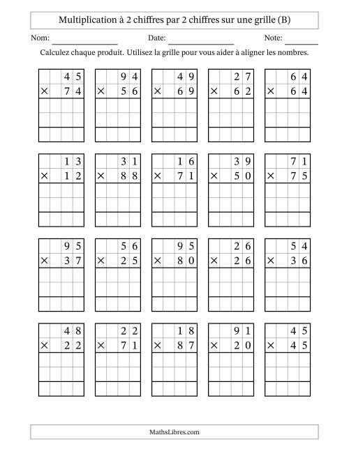 Multiplication à 2 chiffres par 2 chiffres avec le support d'une grille (B)