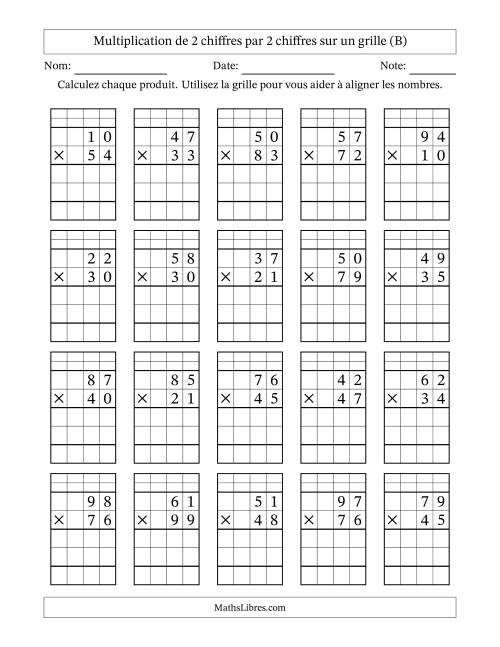 Multiplication de 2 chiffres par 2 chiffres avec l'aide d'une grille avec retenue (B)