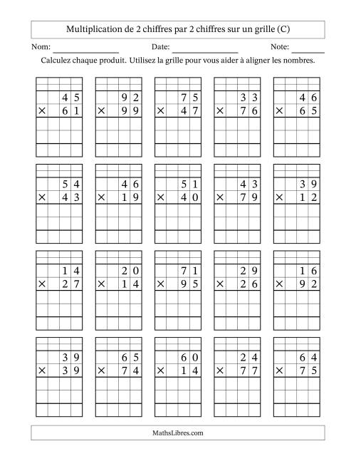 Multiplication de 2 chiffres par 2 chiffres avec l'aide d'une grille avec retenue (C)