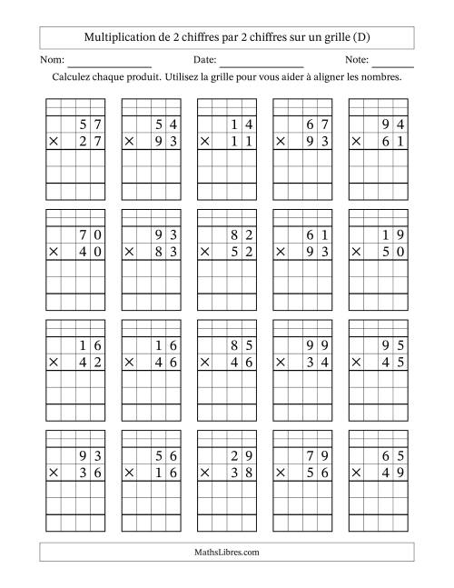 Multiplication de 2 chiffres par 2 chiffres avec l'aide d'une grille avec retenue (D)