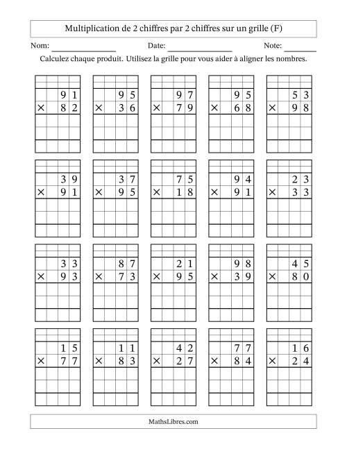 Multiplication de 2 chiffres par 2 chiffres avec l'aide d'une grille avec retenue (F)