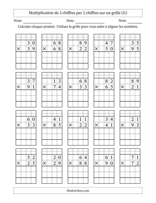 Multiplication de 2 chiffres par 2 chiffres avec l'aide d'une grille avec retenue (G)