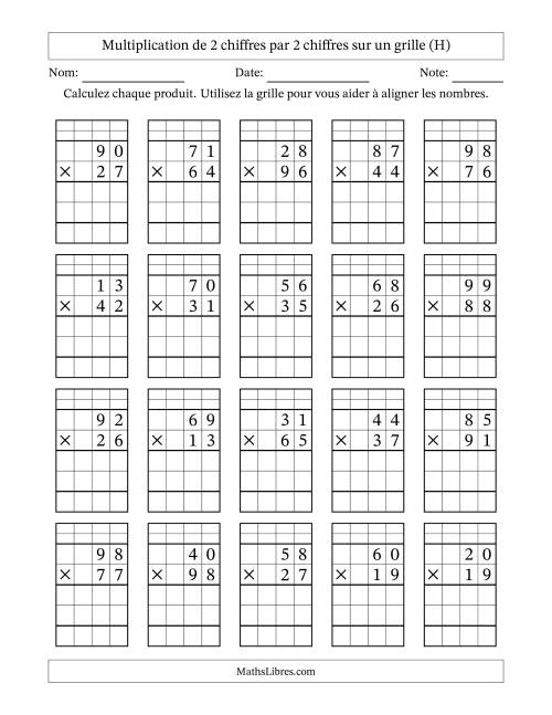 Multiplication de 2 chiffres par 2 chiffres avec l'aide d'une grille avec retenue (H)