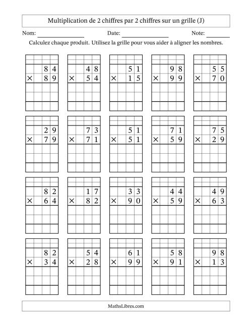 Multiplication de 2 chiffres par 2 chiffres avec l'aide d'une grille avec retenue (J)