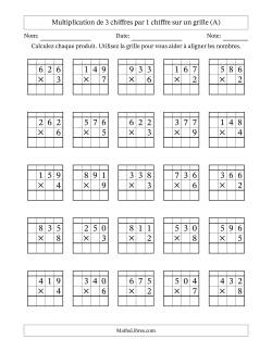 Multiplication de 3 chiffres par 1 chiffre avec l'aide d'une grille avec retenue