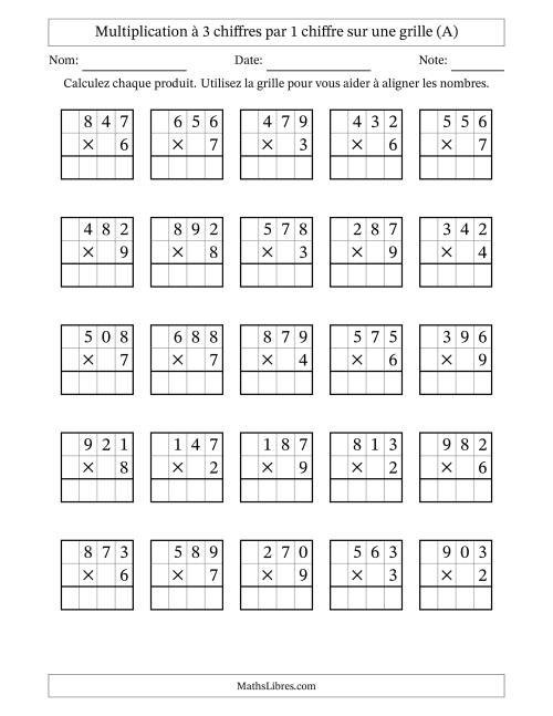 Multiplication à 3 chiffres par 1 chiffre avec le support d'une grille (A)
