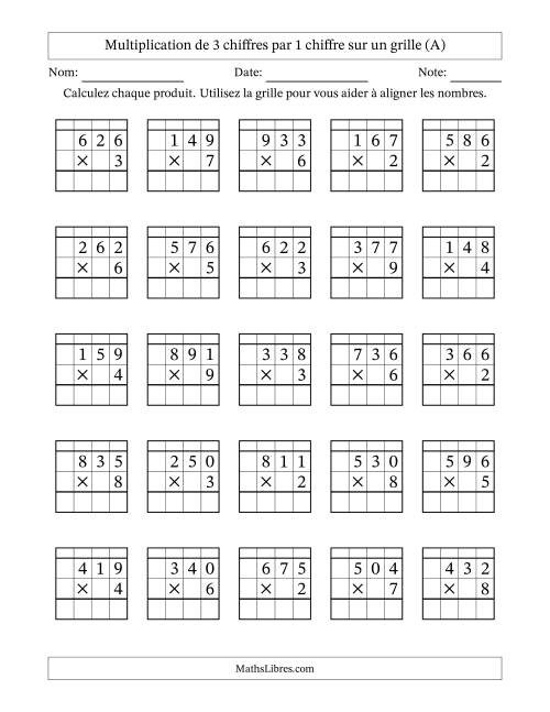 Multiplication de 3 chiffres par 1 chiffre avec l'aide d'une grille avec retenue (A)