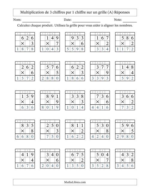 Multiplication de 3 chiffres par 1 chiffre avec l'aide d'une grille avec retenue (A) page 2