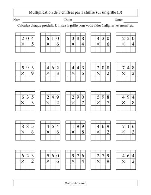 Multiplication de 3 chiffres par 1 chiffre avec l'aide d'une grille avec retenue (B)