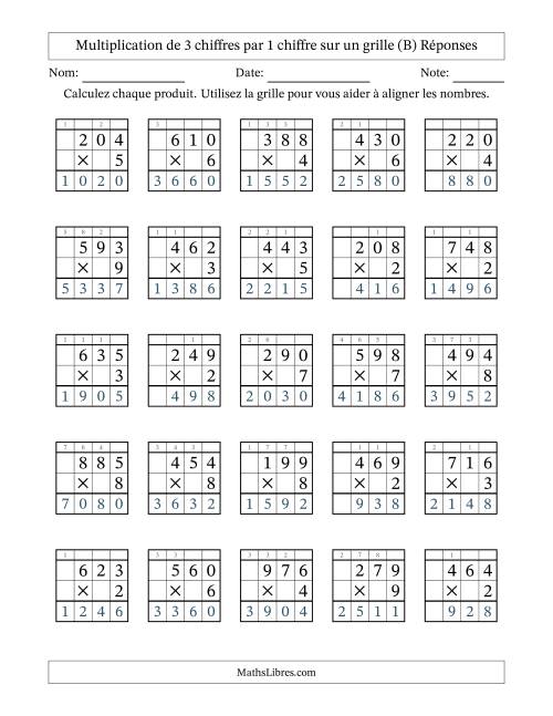 Multiplication de 3 chiffres par 1 chiffre avec l'aide d'une grille avec retenue (B) page 2