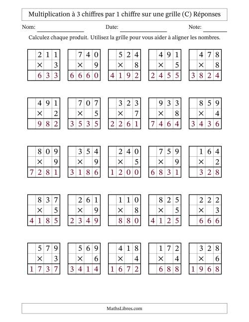 Multiplication à 3 chiffres par 1 chiffre avec le support d'une grille (C) page 2