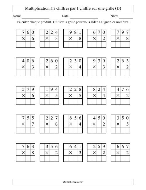 Multiplication à 3 chiffres par 1 chiffre avec le support d'une grille (D)