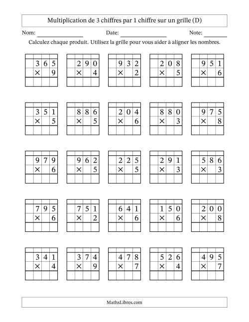 Multiplication de 3 chiffres par 1 chiffre avec l'aide d'une grille avec retenue (D)