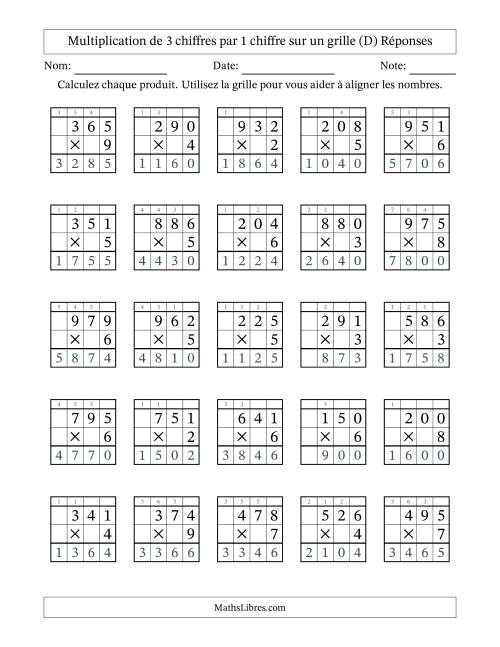 Multiplication de 3 chiffres par 1 chiffre avec l'aide d'une grille avec retenue (D) page 2