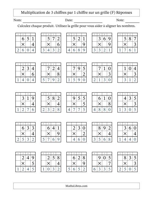 Multiplication de 3 chiffres par 1 chiffre avec l'aide d'une grille avec retenue (F) page 2