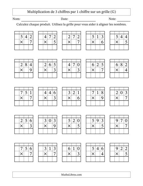 Multiplication de 3 chiffres par 1 chiffre avec l'aide d'une grille avec retenue (G)