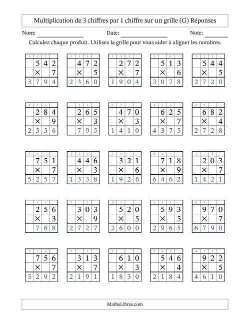 Multiplication de 3 chiffres par 1 chiffre avec l'aide d'une grille avec retenue (G) page 2