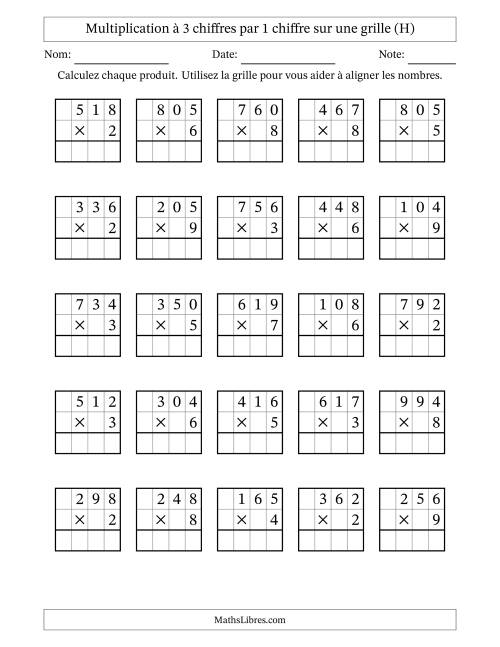 Multiplication à 3 chiffres par 1 chiffre avec le support d'une grille (H)