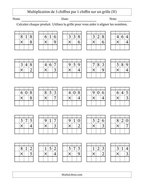 Multiplication de 3 chiffres par 1 chiffre avec l'aide d'une grille avec retenue (H)