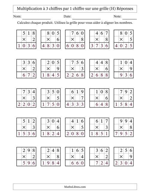 Multiplication à 3 chiffres par 1 chiffre avec le support d'une grille (H) page 2