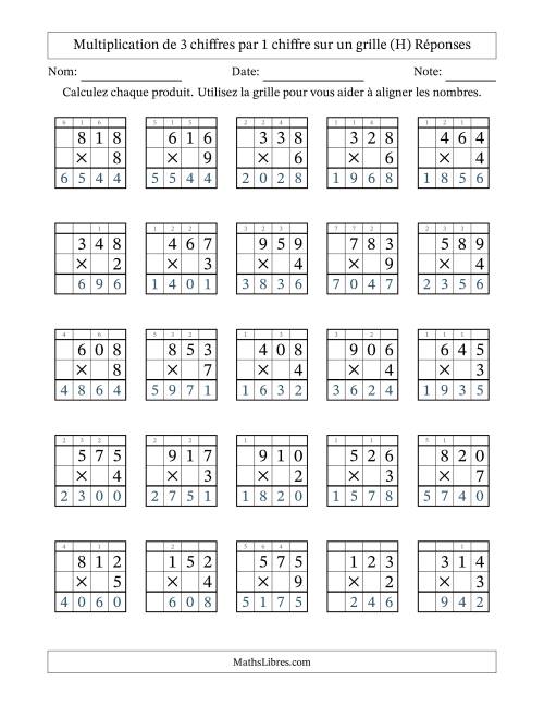 Multiplication de 3 chiffres par 1 chiffre avec l'aide d'une grille avec retenue (H) page 2