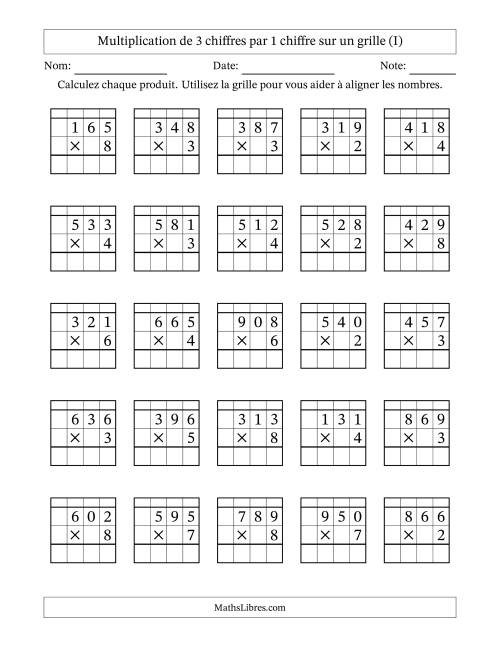 Multiplication de 3 chiffres par 1 chiffre avec l'aide d'une grille avec retenue (I)