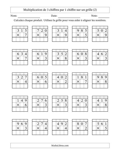 Multiplication de 3 chiffres par 1 chiffre avec l'aide d'une grille avec retenue (J)