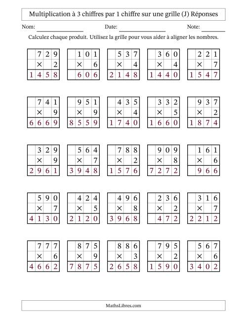 Multiplication à 3 chiffres par 1 chiffre avec le support d'une grille (J) page 2