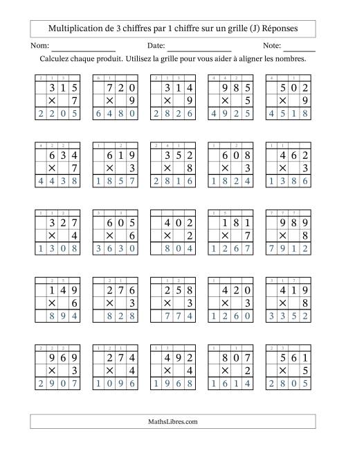 Multiplication de 3 chiffres par 1 chiffre avec l'aide d'une grille avec retenue (J) page 2