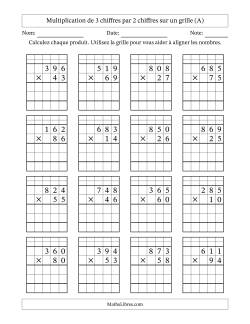 Multiplication de 3 chiffres par 2 chiffres avec l'aide d'une grille avec retenue