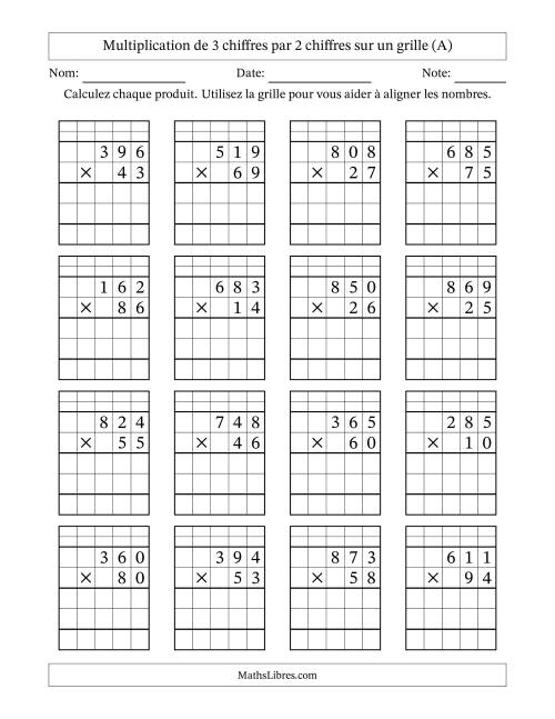 Multiplication de 3 chiffres par 2 chiffres avec l'aide d'une grille avec retenue (A)