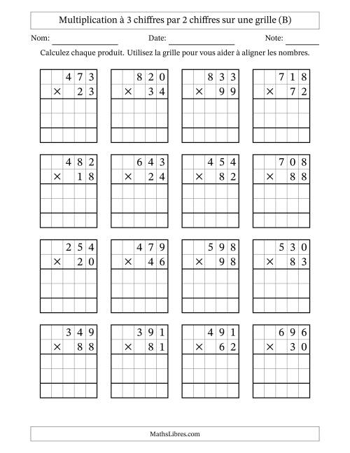 Multiplication à 3 chiffres par 2 chiffres avec le support d'une grille (B)