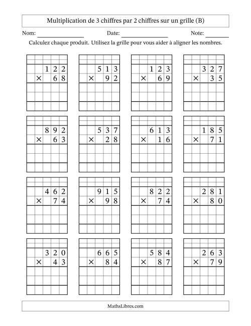 Multiplication de 3 chiffres par 2 chiffres avec l'aide d'une grille avec retenue (B)