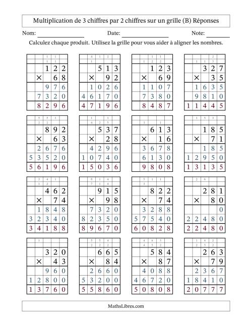 Multiplication de 3 chiffres par 2 chiffres avec l'aide d'une grille avec retenue (B) page 2