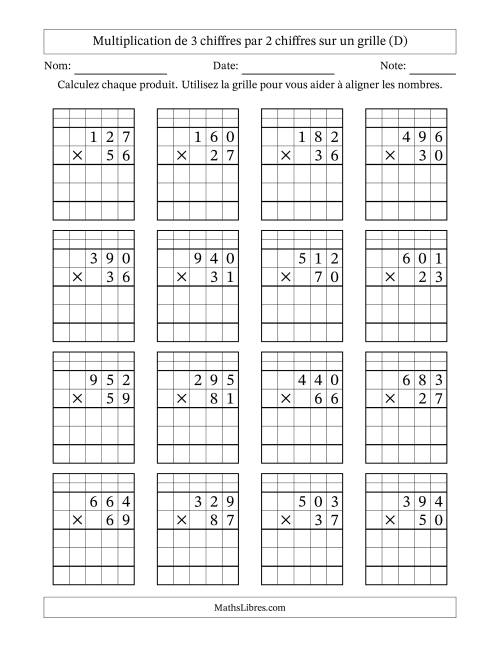 Multiplication de 3 chiffres par 2 chiffres avec l'aide d'une grille avec retenue (D)