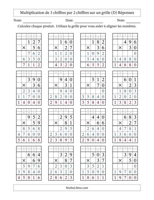 Multiplication de 3 chiffres par 2 chiffres avec l'aide d'une grille avec retenue (D) page 2