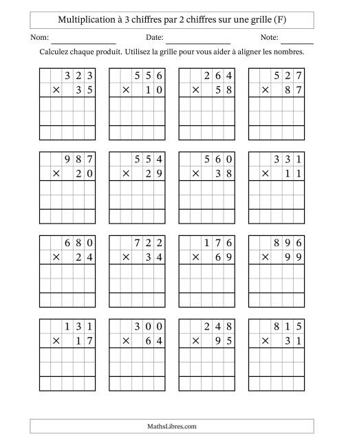 Multiplication à 3 chiffres par 2 chiffres avec le support d'une grille (F)