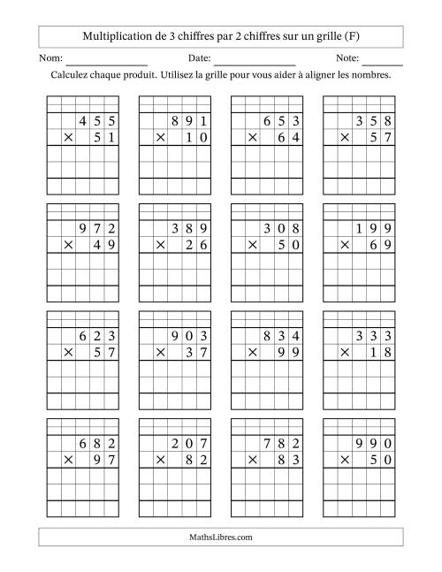 Multiplication de 3 chiffres par 2 chiffres avec l'aide d'une grille avec retenue (F)