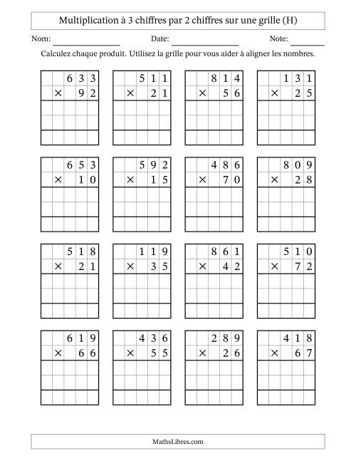 Multiplication à 3 chiffres par 2 chiffres avec le support d'une grille (H)