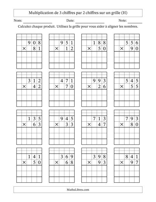 Multiplication de 3 chiffres par 2 chiffres avec l'aide d'une grille avec retenue (H)