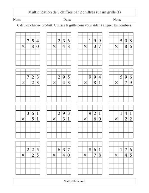 Multiplication de 3 chiffres par 2 chiffres avec l'aide d'une grille avec retenue (I)