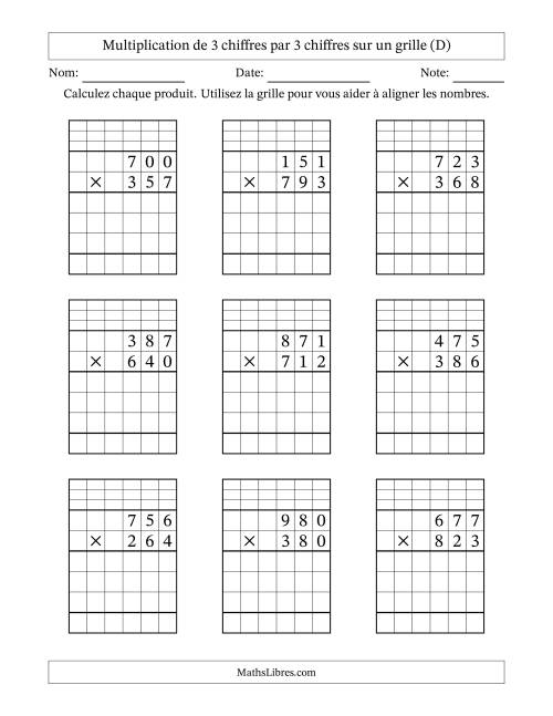 Multiplication de 3 chiffres par 3 chiffres avec l'aide d'une grille avec retenue (D)