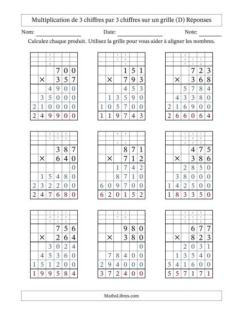 Multiplication de 3 chiffres par 3 chiffres avec l'aide d'une grille avec retenue (D) page 2